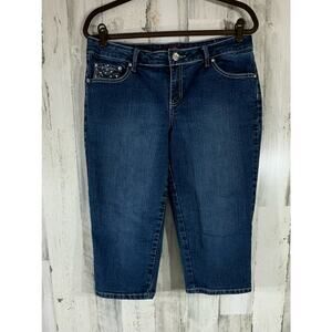 One 5 One Womens Capri Jeans Size 12 (32x17.5) Mid Rise Embroidered Pockets READ